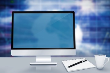 Composite image of image of a desk with computer