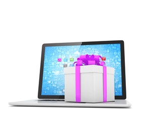 Gift box with ribbon on laptop keyboard. 3d rendering.