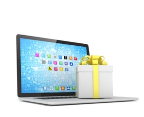 Gift box with ribbon bow on laptop keyboard. 3d rendering.