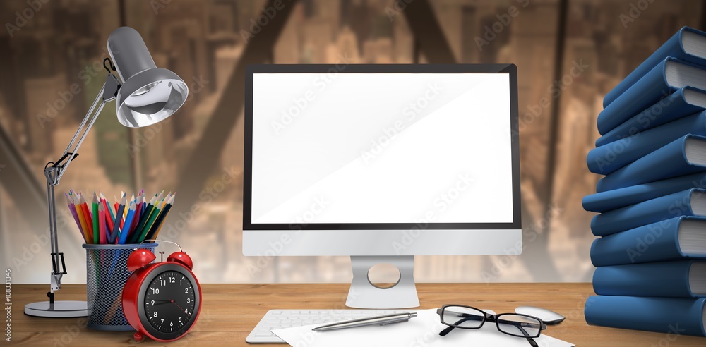 Poster composite image of image of a desk with computer