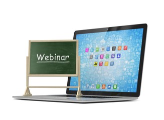 Laptop with chalkboard, webinar, online education concept. 3d rendering.