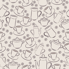 Vector seamless pattern of coffee and cups, sketch