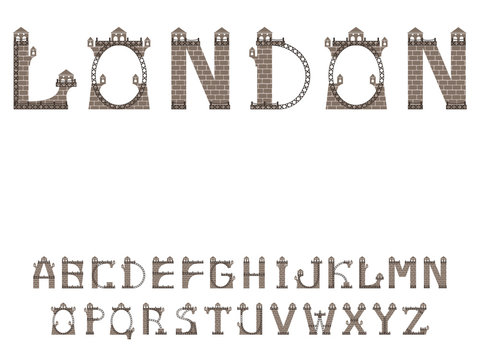 Vector font in which the stone bridges and lighthouses in the form of letters of English alphabet.