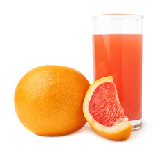 Tall glass filled with the grapefruit juice and fruits, composition isolated over the white background