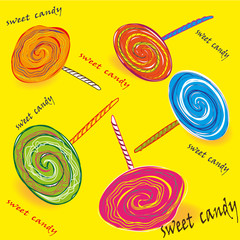 Set of colored sweet candy on a stick
Drawing set of colored sweet candy on a stick, five bright lollipops on a yellow background
