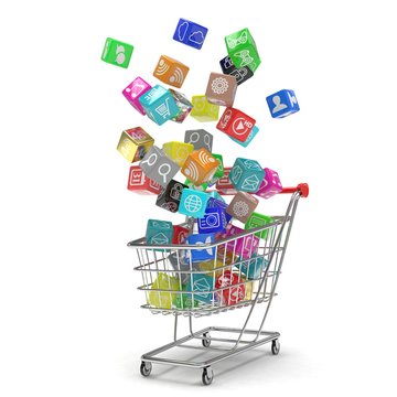 shopping cart with application software icons isolated on a white background. 3d rendering.