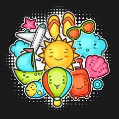 Cute travel background with kawaii doodles. Summer collection of cheerful cartoon characters sun, airplane, ship, balloon, suitcase and decorative objects