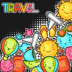 Cute travel background with kawaii doodles. Summer collection of cheerful cartoon characters sun, airplane, ship, balloon, suitcase and decorative objects
