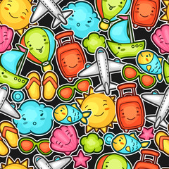 Seamless travel kawaii pattern with cute doodles. Summer collection of cheerful cartoon characters sun, airplane, ship, balloon, suitcase and decorative objects