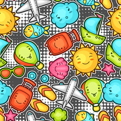 Seamless travel kawaii pattern with cute doodles. Summer collection of cheerful cartoon characters sun, airplane, ship, balloon, suitcase and decorative objects