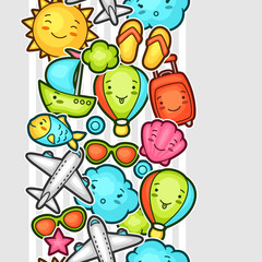 Seamless travel kawaii pattern with cute doodles. Summer collection of cheerful cartoon characters sun, airplane, ship, balloon, suitcase and decorative objects