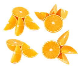 Served orange fruit composition isolated over the white background, set of different foreshortenings