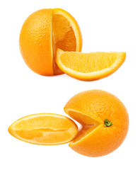 Fresh orange cut in slices isolated over the white background, set of different foreshortenings