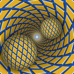 Visual illusion illustration. Two balls are moving on rotating blue funnel with yellow rhombuses. Abstract fantasy in a surreal style.