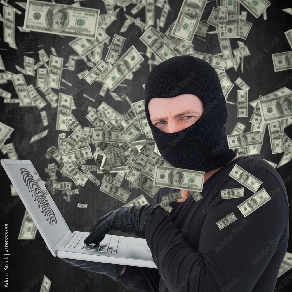 Poster composite image of hacker using laptop to steal identity