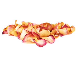 Pile of pink rose petals as a romantic composition over white background