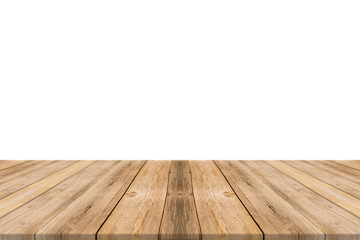 Empty light wood table top isolate on white background. Leave space for placement you background - can be used for display or montage or mock up your products.