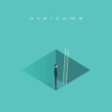 Business challenge concept, man standing in a hole with ladder. Finding solution, recover from crisis symbol.