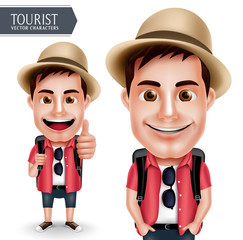 Tourist Traveler Man Vector Character Wearing Casual with Backpack for Travel and Hiking Isolated in White Background. Vector Characters Set
