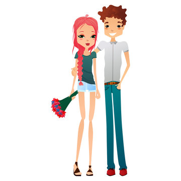 Colorful Vector Fashion Illustration with a Beautiful Stylish Couple in Love and a Bouquet of Flowers in a Flat Design