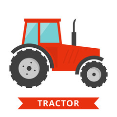 Red tractor icon. Agriculture farm truck isolated. Flat tractor