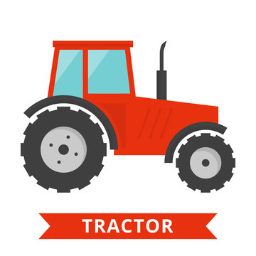 Red Tractor Icon. Agriculture Farm Truck Isolated. Flat Tractor