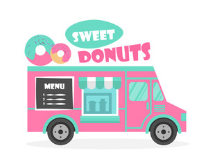 Street food truck vector illustration. Ice cream, sweet donuts van delivery. Flat icon