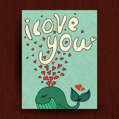 Greetings card with cute animals - whale and lettering