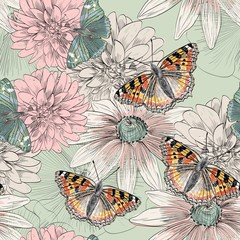 Fototapety  ręcznie rysujący motyl i kwiaty na rozmazanym pędzlu