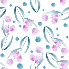 Seamless floral pattern with the watercolor simple pink abstract flowers, hand drawn on a white background