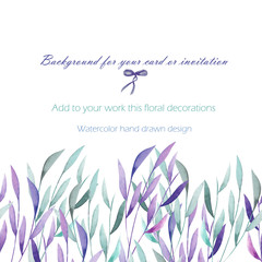 Background, template postcard with the watercolor green and purple branches, hand drawn on a white background, greeting card, decoration postcard or invitation