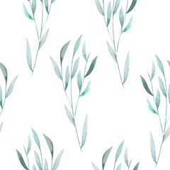 Seamless floral pattern with the watercolor green leaves on the branches, hand drawn on a white background