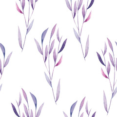 Seamless floral pattern with the watercolor purple leaves on the branches, hand drawn on a white background