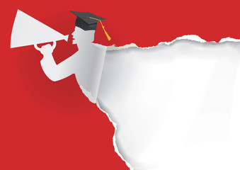 Paper silhouette of graduate.
Paper silhouette of graduate young man with megaphone ripping paper with place for your text or image. Vector available.
