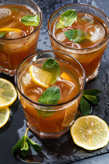 mint iced tea in glasses, top view