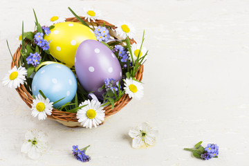 Happy Easter!Easter card.

 Easter eggs in a basket with grass and spring flowers.A nice and festive decoration.
