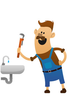 cheerful plumber with a wrench and sink