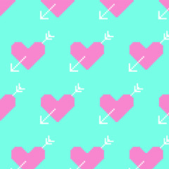 pink heart and white arrows on blue background.  8bit pixel-art seamless pattern. vector disign for textile or pack paper.