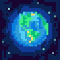 Planet Earth from outer space. Pixel-art illustration. Earth day poster, card, stamp, symbol.