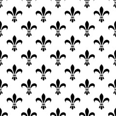 Fleur de lis seamless vector pattern. French vintage stylized lily flower luxury royal symbol. Monarchy iris sign black on white.