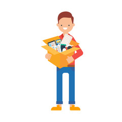 Vector illustration of a man holding a box of electronic gadgets