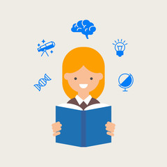 Vector illustration of a student reading a book, education conce