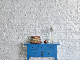brick wall blue desk books concept interior style