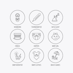 Newborn clothes, diapers and sleep hat icons.