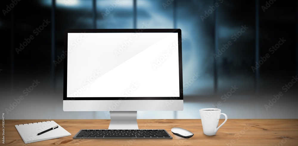 Poster composite image of image of a desk with computer