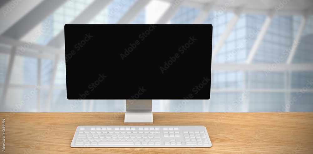 Poster composite image of a computer over a desk