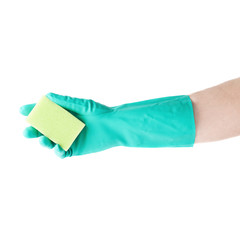 Hand in rubber latex glove holding kitchen sponge over white isolated background