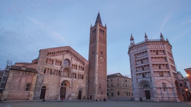 Day to night timelapse with Cathedral and Baptistry located on Piazza Duomo in Parma, Emilia-Romagna, Italy
