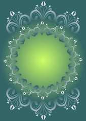 Green gradient background with folklore floral patterns composed in circle as vintage frame, blank space for own text, message, invitation, suitable for leaflet, flyer, poster, bill