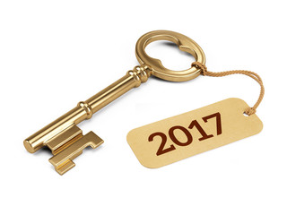 Golden Key with 2017 year tag isolated on white